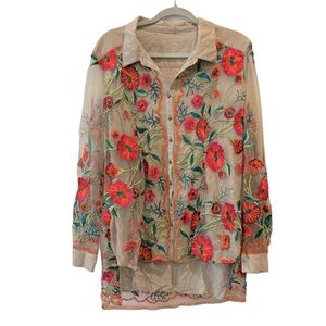 Aratta Fashion Rare Silent Journey Embroidered Bright Floral Mesh Button Blouse